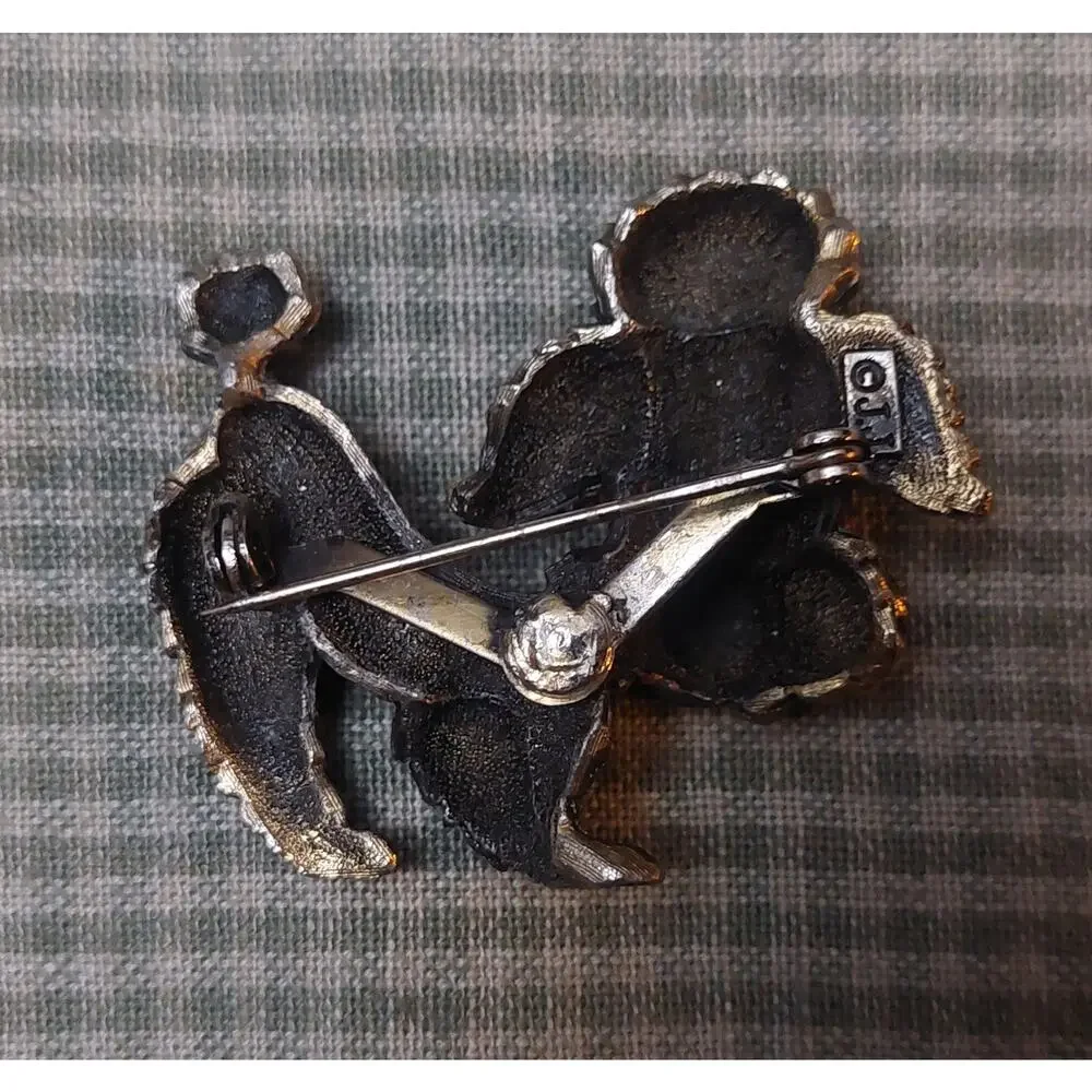 Vintage Brass Rhinestone Enamel Playful Poodle Brooch Signed JJ Jonette Jewelry